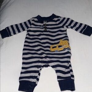 Burt's Bees Navy and Gray Striped One Piece with Yellow Truck